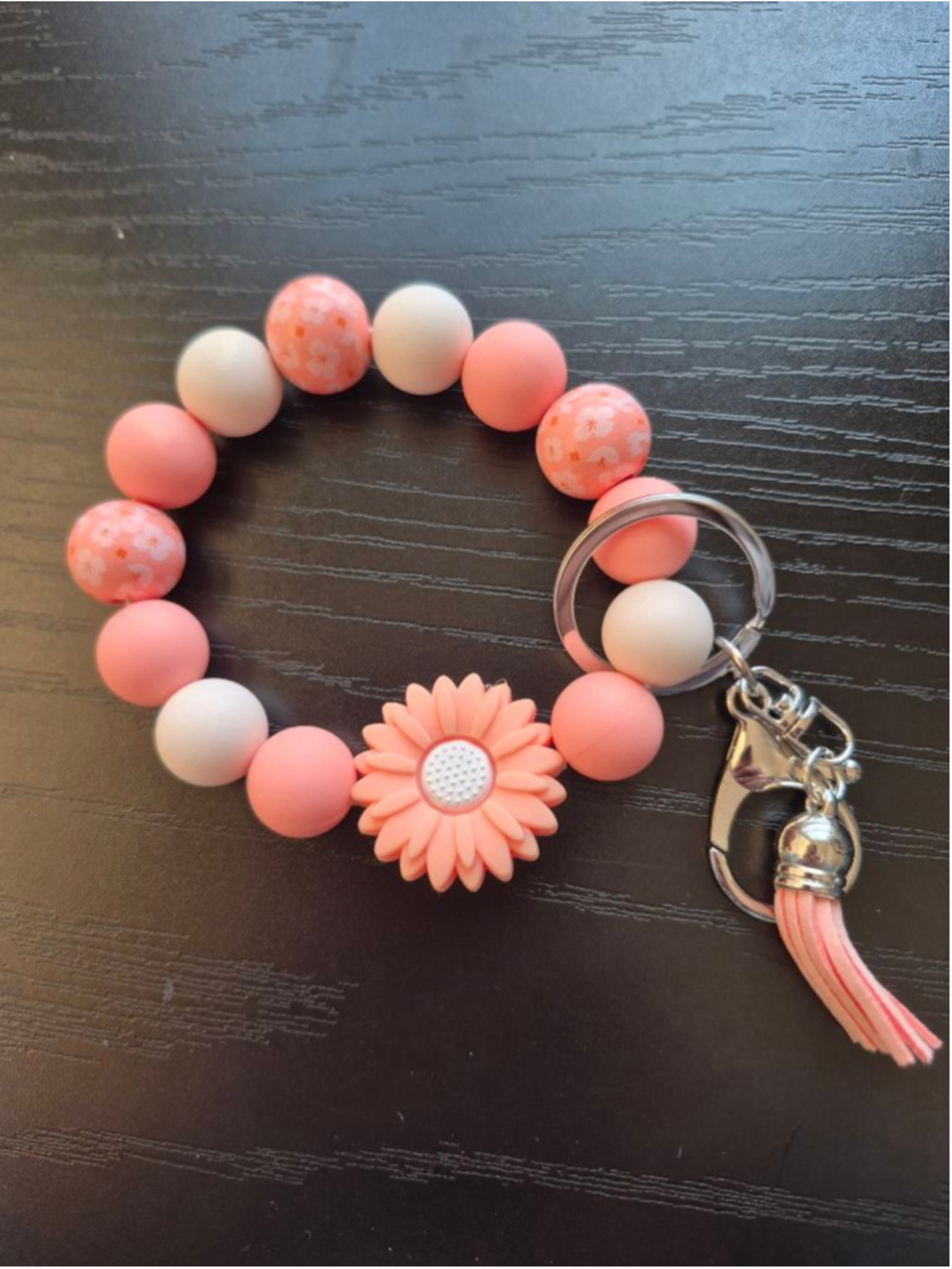 Women's Key & Card Holder One Size Pink White Beaded Keychain